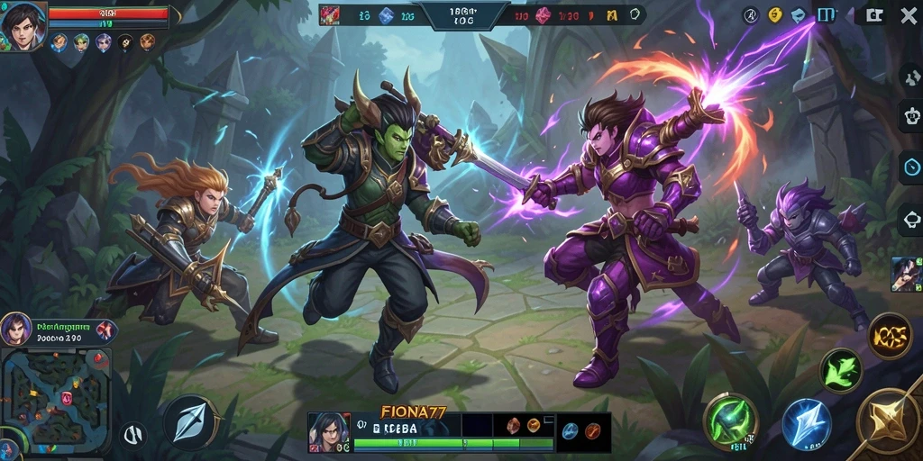Tampilan seru dari gameplay <strong>FIONA77</strong> dengan aksi MOBA yang mendebarkan.