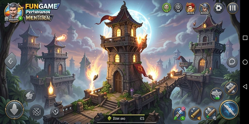 Tampilan gameplay FUNGame dalam pertahanan menara yang seru.