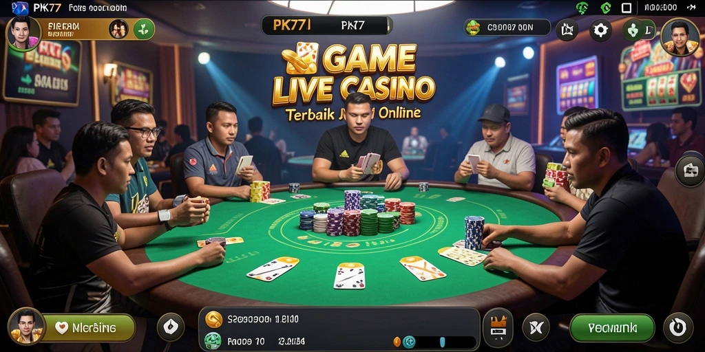 Tangkapan layar PK77 menampilkan dealer nyata dan permainan kasino live yang dinamis.