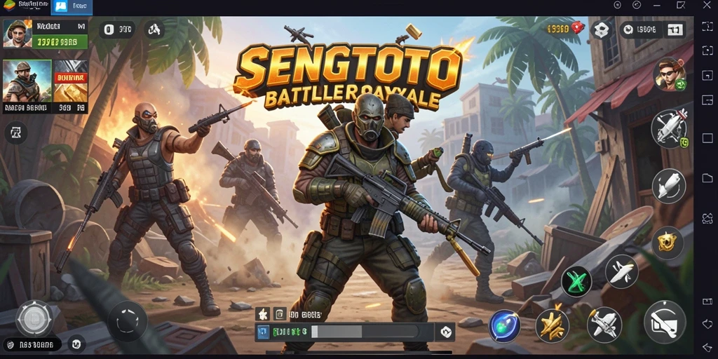 Tangkapan layar SENGTOTO menampilkan aksi Battle Royale seru di medan pertempuran yang luas.
